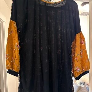 Suzanne Betro Black Top with Gold Floral Sleeves